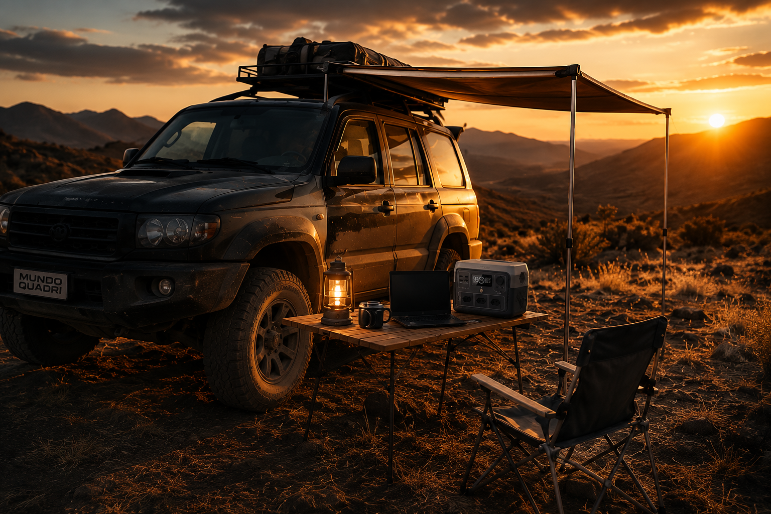 Estação de energia EcoFlow utilizada em camping off-road.